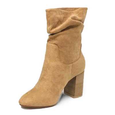 Women Pleated Mid Calf Boots Square High Heel Woman Leapard Suede Female Shoe Autumn Winter White Black Brown Color